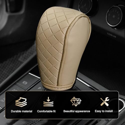 Car Leather Gear Shift Cover, Anti-Slip Dustproof Gear Shifter Stick Protector with Diamond Embroidery, Shift Knob Cover for Lever Protection, Universal for Cars,Trucks,SUVs (Beige) - color: Beige