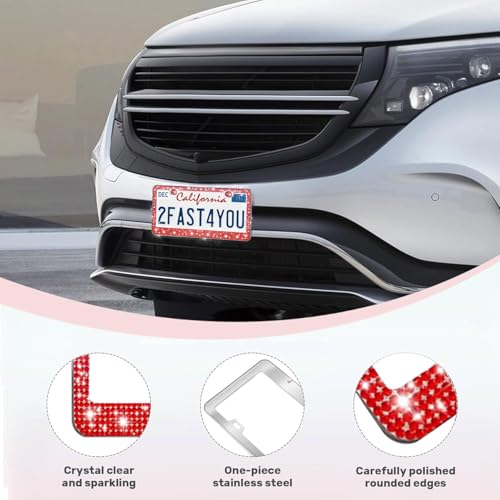 2 Pack License Plate Frames for Women, Sparkly Rhinestone Diamond Car Accessories with Glitter Crystal Caps (Red(2PCS)) - color: Red(2PCS)