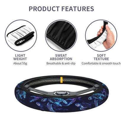 Sea Turtle Steering Wheel Cover - Bule Anti-Slip Breathable Universal 14-15 Inch Car Wheel Cover with 2 Matching Coasters Set for Men Women,Soft Comfort Grip Accessories - color: Sea Turtle