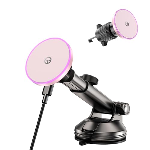 for MagSafe Car Mount Charger Dash/Windshield/Vent Wireless Car Charger with [LED Light], Magnetic Phone Holder for Car for iPhone 17 16 15 14 13 12 Series, Fit MagSafe Accessories (Pink) - color: Pink