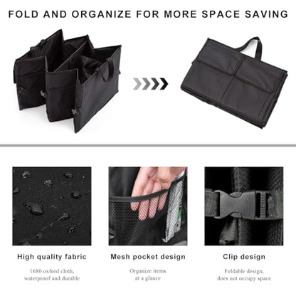 Car Trunk Backseat Organizer, Collapsible Multi Compartment Cargo Storage Box with Pockets, Waterproof Sturdy Oxford Trunk Organizer for SUV Truck Van, Car Accessories