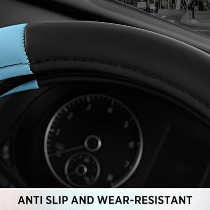 Road Comfort Leather Steering Wheel Cover – Premium Anti-Slip Car Steering Wheel Grip Cover – Universal Fit for 14.5”–15” Cars, Trucks & SUVs - Blue - color: Blue