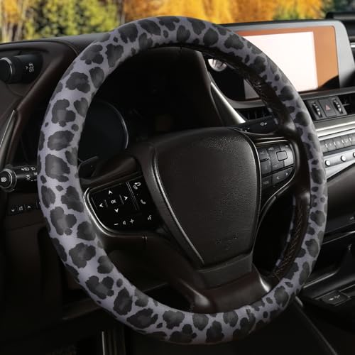Black Leopard Print Steering Wheel Cover with Silicone Inner Ring, Non-Toxic, Odorless Silicone Leather with Non-Fading Pattern for Men Women, Universal 14.5 to 15 Inch (Black Leopard Print) - style: Black Leopard Print