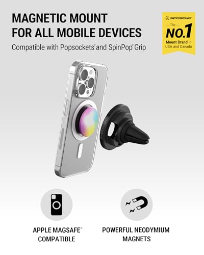 Scosche MagSafe Car Mount, Magnetic Phone Holder for Car Dashboard & Vent with 360° Rotation, 2-in-1 Cell Phone Mount for iPhone 17/16/15/14/13 & More w/MagicRing Adapter, Compatible with PopSockets - size: 1 Pack, style: Dash / Vent