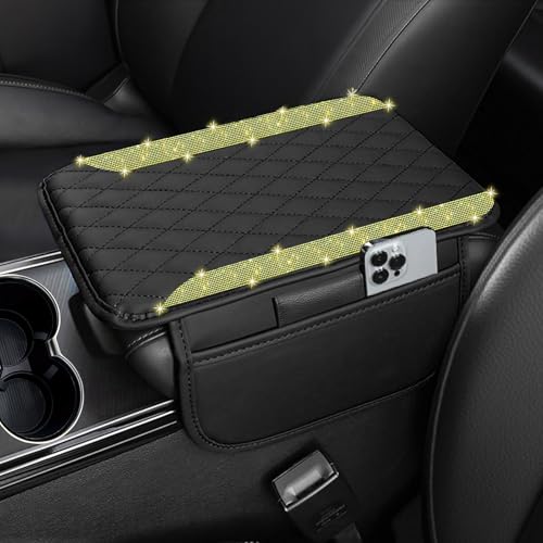 NBTEPEM Bling Car Center Console Armrest Cover, Microfiber Leather and Diamond Middle Console Cover with 2 Storage Bags, Bling Accessories Interior for Most Vehicles (Yellow Diamond) - color: Yellow Diamond