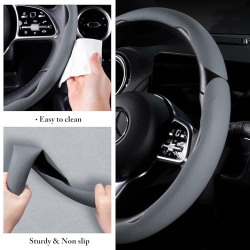 Car Steering Wheel Cover Leather Snap On 3Pcs Set Non-Slip Protector Wrap Steering Wheel Accessories 14.5-15 inch Universal Gray - color: Gray