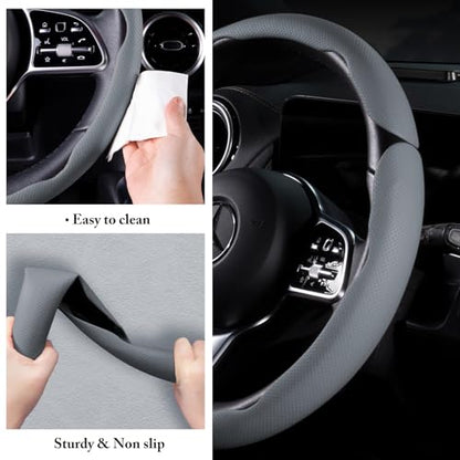 Car Steering Wheel Cover Leather Snap On 3Pcs Set Non-Slip Protector Wrap Steering Wheel Accessories 14.5-15 inch Universal Gray - color: Gray