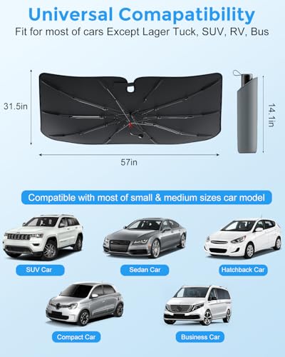 DMJN Umbrella Windshield Sun Shade - Medium, Car Sunshade for Front Windshield [Nano Ice-Crystal Coatings] UPF50+ Heat & UV Block, Protect Interior & Keep Cooler Universal for Car, SUV, Truck - size: Medium(57"l X 31"w)