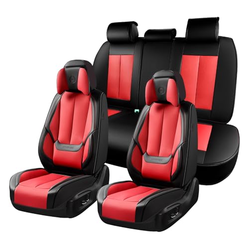 Coverado Seat Covers Full Set, 5 Seats Seat Covers for Cars, Waterproof Nappa Leather Car Seat Covers with Head Pillow, Seat Protectors Car Seat Cushion Universal Fit for Most Cars (Black&Red) - color: Black&Red(Pillow), size: FullSet