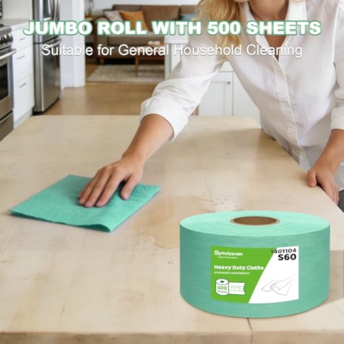 Jumbo Roll Industrial Cleaning Wipes, Super Absorbent Heavy Duty Cloths, Green (1 Roll of 500 Sheets, 5"x 15" Each Sheet) - color: Green