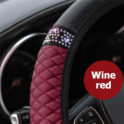 Osilly Bling Car Steering Wheel Cover, 15 Inch Rhinestones Soft Leather Elastic Steering Wheel Protector, Sparkly Crystal Diamond for Women Girls (Wine Red) - color: Wine Red