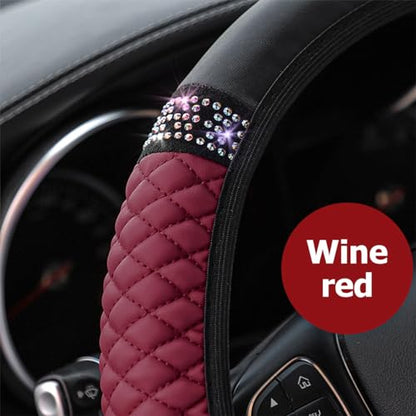 Osilly Bling Car Steering Wheel Cover, 15 Inch Rhinestones Soft Leather Elastic Steering Wheel Protector, Sparkly Crystal Diamond for Women Girls (Wine Red) - color: Wine Red