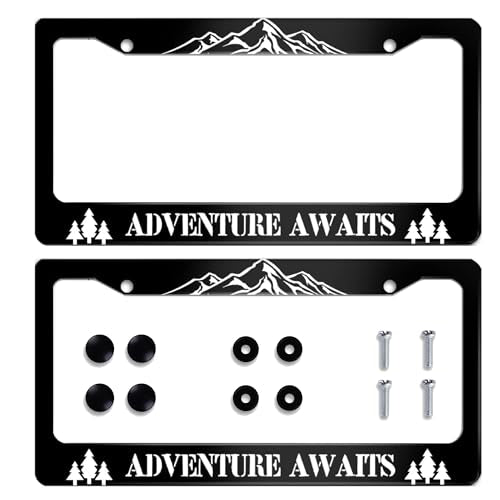 2 Pack Adventure Awaits License Plate Frame Mountains License Plate Frame Funny Stainless Steel for Car Accessory Decorative 2 Holes and Screws Fits US Standard License Plates 12.2 x 6.3 - color: Adventure Awaits 2 Pack, size: One size