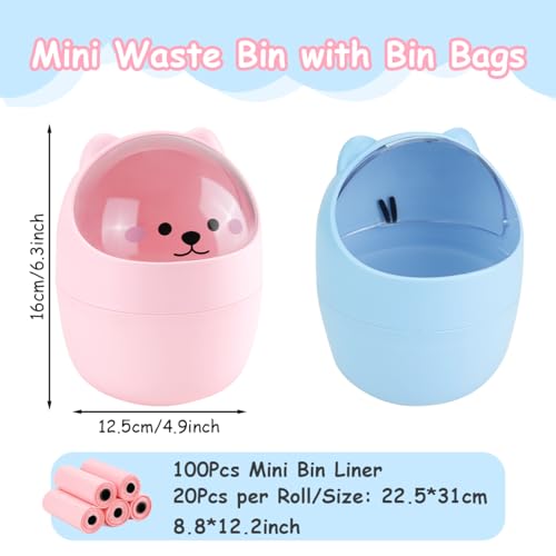 Mini Trash Can, Cute Small Trash Can with Lid, Desktop Paper Bin with 5 Rolls of Bin Liners, Portable Tabletop Dustbin, Cartoon Animal Rubbish Storage for Office Bedroom Desk Car Kitchen(Pink) - color: Pink