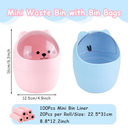 Mini Trash Can, Cute Small Trash Can with Lid, Desktop Paper Bin with 5 Rolls of Bin Liners, Portable Tabletop Dustbin, Cartoon Animal Rubbish Storage for Office Bedroom Desk Car Kitchen(Pink) - color: Pink