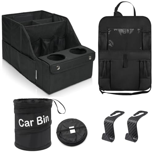 Car Organizer and Storage 5-in-1 Set with Front Seat Organizer, Backseat Organizer, Car Trash Can & 2 Headrest Hooks, Universal Car Storage Accessories for SUV Truck & Sedan Vehicle