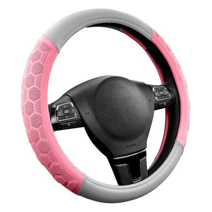 PIC AUTO Massage Steering Wheel Cover, Pink Football Pattern Material Spliced & Gray Leather Car Steering Wheel Cover, Car Steering Cover, Universal Fit 14.5"-15.5" for Cars, Trucks, Van, SUVs - color: Pink Gray