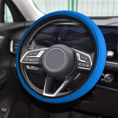 Car Steering Wheel Cover, Universal 14.5-15 Inch Blue Leather Steering Wheel Wrap with Better Sport Grip for Men Women, Anti-Slip Breathable Car Interior Accessories for Most Vehicles (Blue2) - color: Blue2