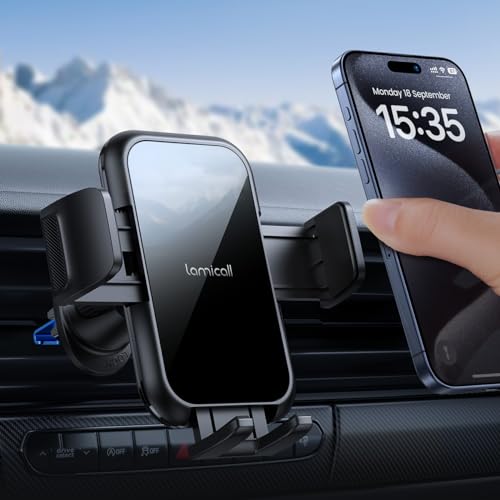Lamicall 2026 Wider Clamp & Metal Hook Car Phone Holder Vent [Thick Cases Friendly] Phone Holders for Your Car Mount Automobile Hands Free Cradle Air Vent for iPhone 17 16 15 Pro Max Lucite Black - color: NEW Upgraded - Lucite Black