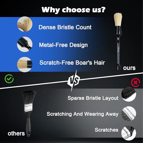 5PCS Car Detailing Brush,Boars Hair Detailing Brush Set, No Scratch,Ultra Soft for Interior and Exterior Car Cleaning, Dashboard, Leather Seat,Air Vents Wheels,Tires