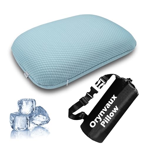 Cooling Camping Pillow, Memory Foam Travel Pillow with Adjustable Buckle Strap & Storage Bag, Compact Small Pillow for Airplane, Car Lumbar, Office, Washable Cooling Cover, Glacier Blue - color: Glacier Blue, size: S-14.9*10.2*3.6in