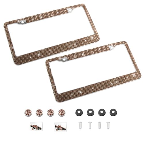 Bling 2PCS Car License Plate Frame, Handcrafted Crystal Stainless Steel License Plate Frame, Sparkly, Durable, Universal Fit, Car Accessories for Girls, Women (Coffee) - color: Coffee, size: 2PCS