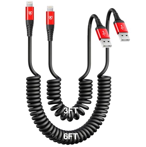 Coiled Lightning Cable, iPhone Charger Cable 3FT/6FT for CarPlay, 2 Pack [Apple MFi Certified] Lightning Cord Compatible with iPhone14/13/12/11 Pro Max/XS MAX/XR/XS/X/8/7/Plus/6S iPad/iPod-Red - color: Red, size: 3FT+6FT, style: USB A to Lightning