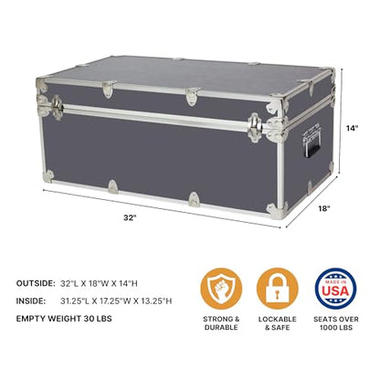 Rhino Trunk & Case Large Essential Trunk With Wheels 32”x18”x14”, 1000+ lbs Capacity - Many Colors. Strong, USA Made Summer Camp Footlocker, and Secure College Dorm Storage Chest - color: Slate