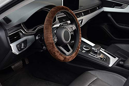 KAFEEK Elastic Long Microfiber Plush Steering Wheel Cover for Winter Warm, Universal 15 inch, Anti-Slip, Odorless, Brown - color: Brown