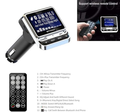 Bluetooth FM Transmitter for Car, Wireless Car Radio Adapter, Handsfree Auto Kit with Remote Control, MP3 Music Player Support USB Charger Siri Google Assistant U Disk/TF Card/Aux