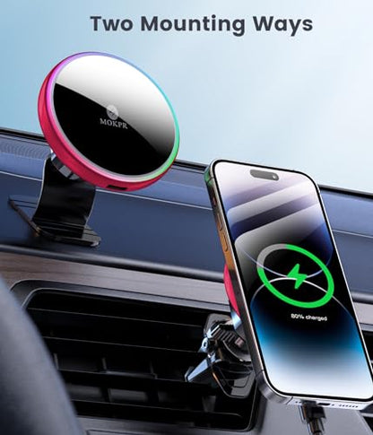 MOKPR for Magsafe Car Mount Charger-15W Wireless Car Charger-Magnetic Car Phone Holder for Dash Air Vent-LED RGB HandsFree Car Mount Fast Car Charger for iPhone 16 15/14/13/12 Series RED - color: Red