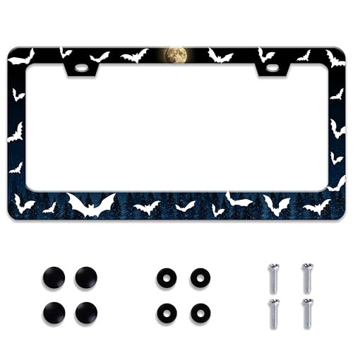Personalized License Plate Frame Bat Full Moon Stainless Steel Accessory Forest License Plate Holder Funny Car Decorative 2 Holes Screws Fits Us Standard License Plates 12.2 X 6.3 in for Men Women - color: Bat Full Moon