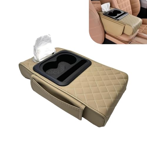 Car Center Console Cover, Upgrade 5-in-1 Genuine Leather Thickened Armrest Box, Armrest Storage Box with Cup, Universal Car Accessories Interior Organizers, for Most Cars (Beige) - color: Beige