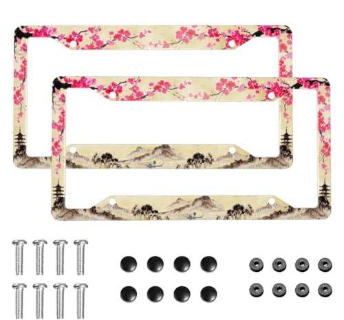 Cherry Blossom Mountains License Plate Frame 2 Pack License Plate Holder Universal Aluminum License Plate Cover Car Accessories for Decor with Screw for Women Man 12.3 X 6.3 Inch - color: Cherry Blossoms