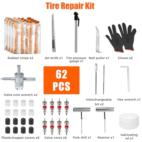 62Pcs Heavy Duty Tire Repair Kit - Universal Tubeless Tire Patch Plug Kit for Cars, Trucks, SUV, Motorcycle, Lawn Mower - Emergency Road Side Tool Set