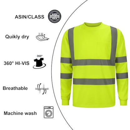 High Visibility Class 3 Shirts，Hi Vis Safety Long Sleeve Quick Dry Mesh Construction Work - color: Lime04, size: XX-Large