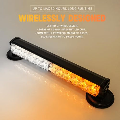 14 in Battery Powered Emergency Strobe Lights Bar Wireless Rooftop Mini Hazard Flashing LED Beacon Warning Light w/Magnetic Base for Construction Vehicles Work Trucks Snow Plow (Amber/White) - color: Amber/White