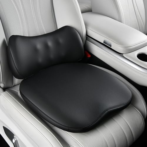 Coverado Memory Foam Car Seat Cushion and Lumbar Support Pillow for Driving Seat, Ergonomic Design Soft and Breathable PU Leather, High Density Memory Foam for Neck & Lower Back Pain Relie - color: Black, size: Lumbar Support+Cushion