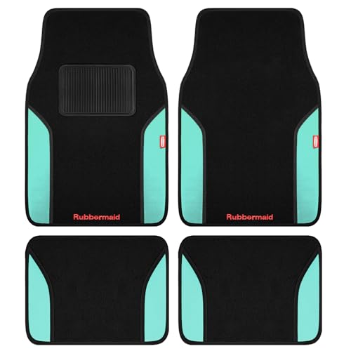 Rubbermaid Car Mats, Carpeted Floor Car Mat with Faux Leather & Built-in Heel Pad, Two-Tone Car Rug Floor Mats, Stylish Carpeted Floor Mats for Cars, Trucks & SUVs Mint Color - color: Mint