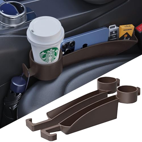 Car Seat Gap Plug with Storage Slot, Auto Gap Filler Organizer with Cup Holder, Universal Carseat Side Gap Filler Strip 2 Pack Between Front Seats & Console, Anti-Drop Pad with Seatbelt Holes, Brown - color: Brown, Cup Holder & Hook