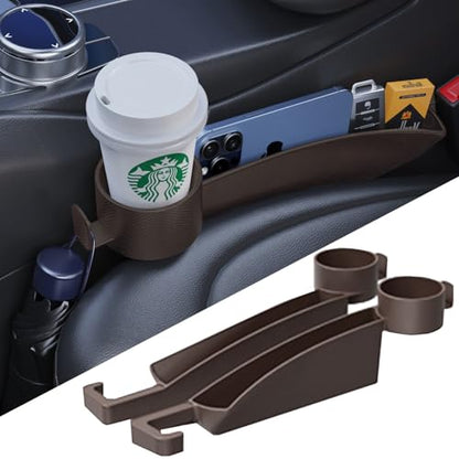 Car Seat Gap Plug with Storage Slot, Auto Gap Filler Organizer with Cup Holder, Universal Carseat Side Gap Filler Strip 2 Pack Between Front Seats & Console, Anti-Drop Pad with Seatbelt Holes, Brown - color: Brown, Cup Holder & Hook
