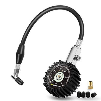 ATsafepro Low Pressure Tire Gauge to 30PSI, 2.5” Mechanical Tire Gauge with Flexible Hose and Angled Chuck, Analog Air Pressure Gauge Glow in The Dark for ATV, Off Road, Lawn Mower Etc - size: 30 PSI