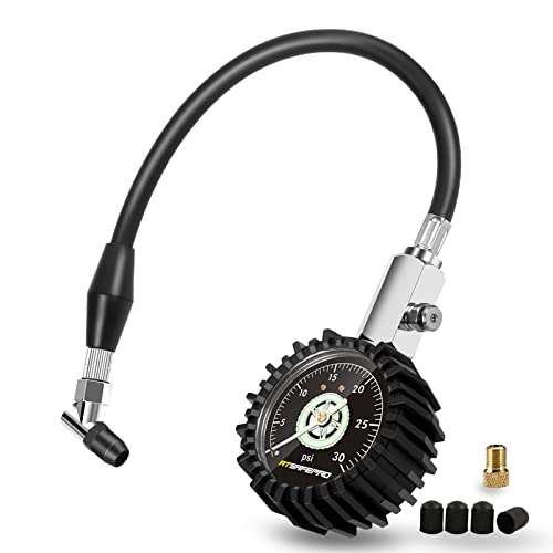 ATsafepro Low Pressure Tire Gauge to 30PSI, 2.5” Mechanical Tire Gauge with Flexible Hose and Angled Chuck, Analog Air Pressure Gauge Glow in The Dark for ATV, Off Road, Lawn Mower Etc - size: 30 PSI