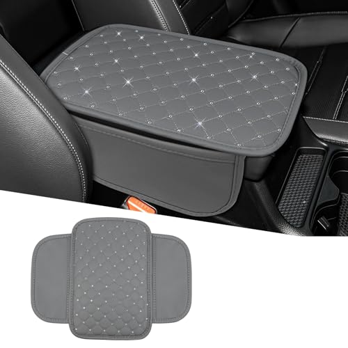 wuyaoyao Bling Car Center Console Cover, 11.81"×7.87" Leather Auto Arm Rest Cover Protector with 2 Storage Bags, Vehicle Crystal Rhinestone Armrest Cushion Pad, Interior Car Accessories (Gray) - color: Gray