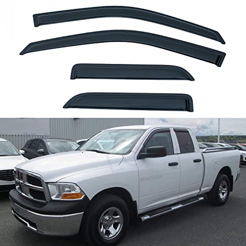 Set of 4 Front+Rear Smoke Sun/Rain Guard Outside Mount Tape-On Acrylic Window Visors Compatible with 09-18 Ram 1500 Quad/Extended Cab with Half Size Rear Doors + Full Size Front Doors - size: for 2009-2018 Dodge Ram 1500 Quad Cab
