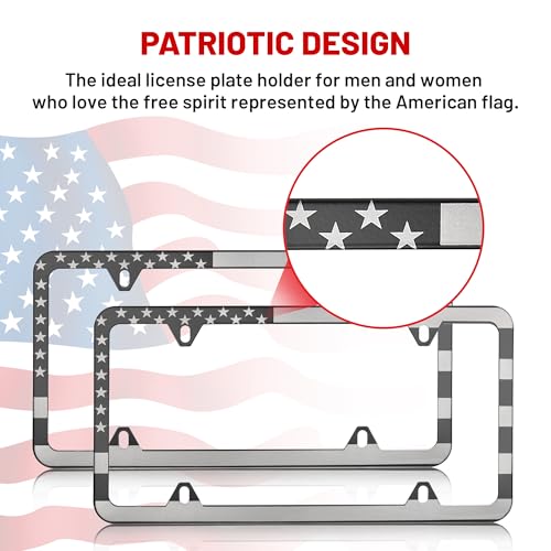RED WOLF American USA Flag License Plate Frame Stainless Steel Holder Front Rear Auto Tag US Stars & Stripes Slim Edge for Patriotic, 4 Holes Mount W/Screw Accessories Caps 2 PCS