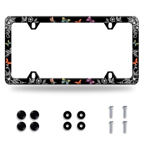 Butterfly License Plate Frame Wild Flower License Plate Holder Stainless Steel Women Colorful Car Accessory Decoration - color: Colorful butterfly With Black White Flowers