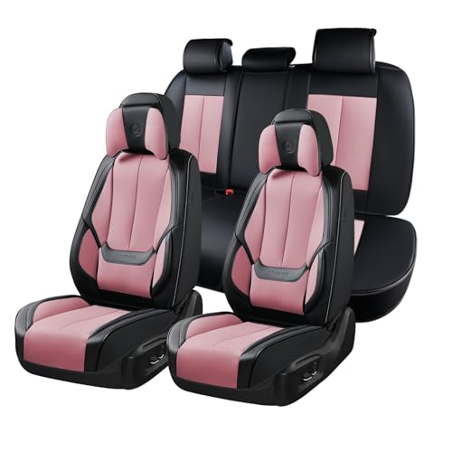 Coverado Universal Seat Covers Full Set, 5 Seats Universal Seat Covers for Cars, Waterproof Nappa Leather Car Seat Covers with Head Pillow, Auto Protectors Fit for Most Pick-up Truck, Black&Pink - color: Black&Pink(Pillow), size: Fullset