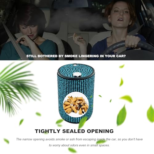 Bling Car Ashtray with Lid, Rhinestones Fireproof Auto Cup Holder Cigarette Ash Tray, Smokeless Crystal Diamond Ashtray Mini Trash Can for Women Girls, Car Accessories (Blue) - color: Blue