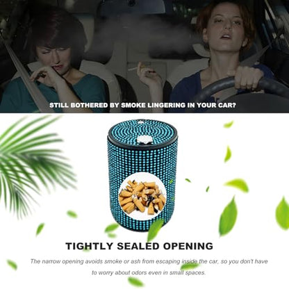Bling Car Ashtray with Lid, Rhinestones Fireproof Auto Cup Holder Cigarette Ash Tray, Smokeless Crystal Diamond Ashtray Mini Trash Can for Women Girls, Car Accessories (Blue) - color: Blue